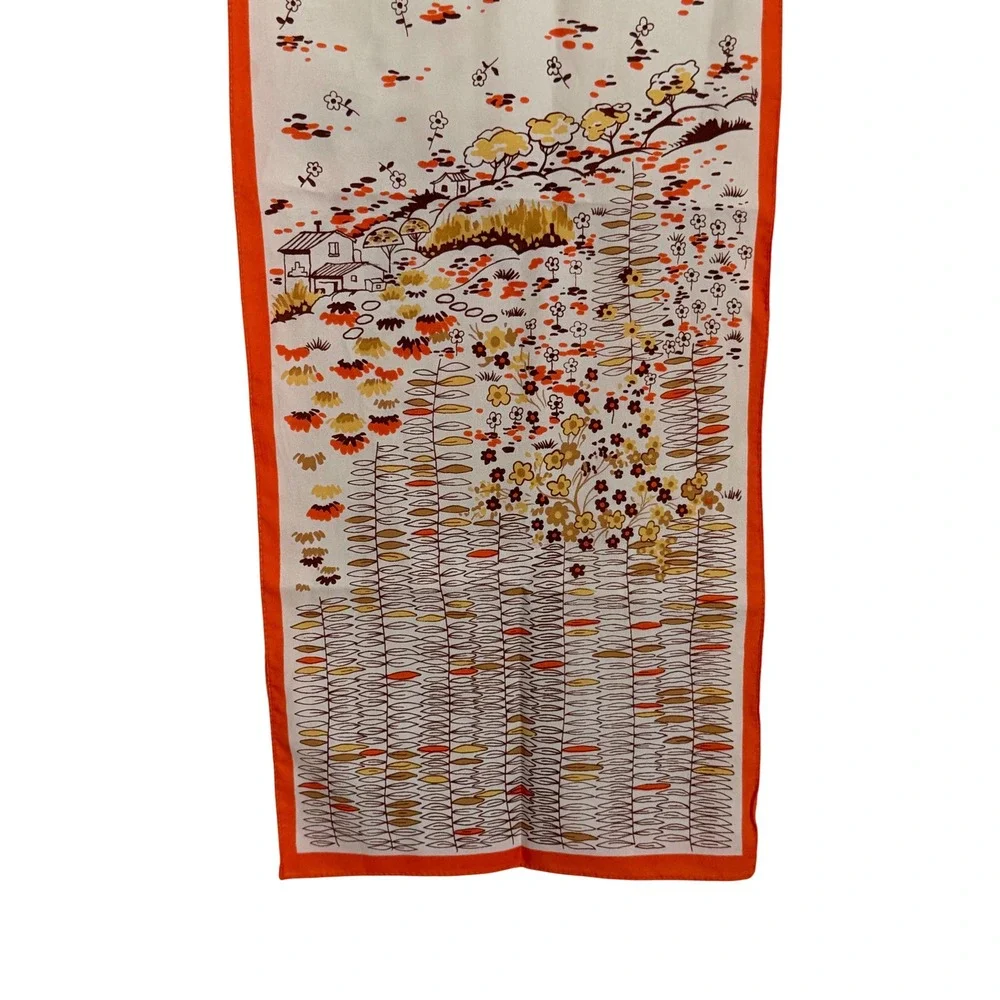 Vintage Cottage Landscape Floral Scarf‎ Womens Orange Retro Mid Century Modern